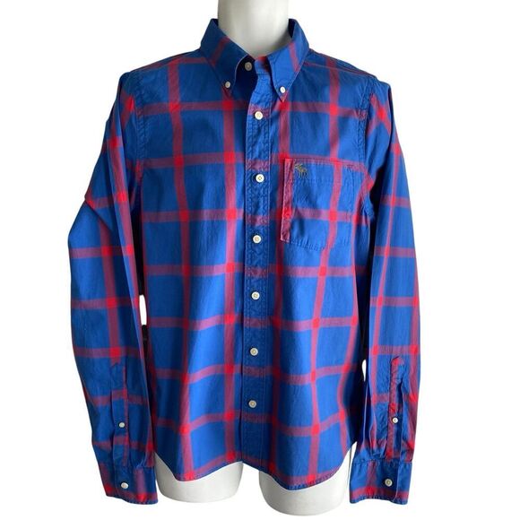 NWT Abercrombie & Fitch A&F Shirt Mens Large Windopane Plaid Muscle Fit Blue Red - Picture 1 of 8